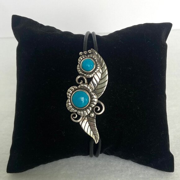 Sterling Silver 925 Dakota West Floral Leaf Turquoise Cabochon Cord Bracelet 8" - Picture 11 of 16